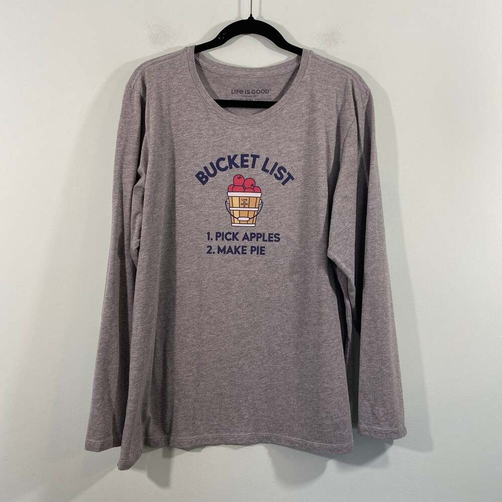 Life Is Good Women Grey Apple Picking Graphics Long Sleeve Crusher Tee Size XXL